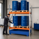 Steel Spill Pallet Rack with 2 Storage Levels, 2025 x 1300 x 2700 mm, 4400 kg Bay Load, 530 L Containment, for Storing Flammable Liquids (Flat-Pack)