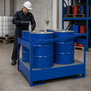 Steel Hazmat Station for 4 x 200 Litre Drums, 465 Litre Containment, Open Design, with Galvanised Grid, for Safe Storage of Flammable Liquids