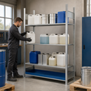 Steel Hazmat Small Container Rack with 3 Adjustable Shelves, Painted Spill Tray, 1312 x 437 x 2000 mm, for Safe Storage of Flammable Liquids