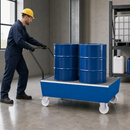 Mobile Steel Spill Pallet for 2 x 205 Litre Drums, 235 Litre Containment, with Grid, 1716 x 815 x 995 mm, Ideal for Storing Hazardous Materials