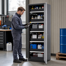 Anthracite Sheet Steel Chemicals Cabinet with 6 Pull-Out Shelves, Silver Wing Doors, for Safe Storage of Water-Polluting Liquids