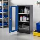 Steel Half Height Chemical Cabinet with Spill Pallet, Anthracite & Blue, 2 Shelves, 19L Containment Volume, for Safe Storage of Hazardous Liquids