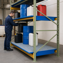Welded Steel Spill Tray for 2700mm Shelves, 220L Containment, with Galvanized Grid, Ideal for Hazardous Material Storage