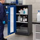 Steel Half Height Chemical Cabinet with Spill Pallet, Anthracite & Blue, 2 Shelves, 19L Containment Volume, for Safe Storage of Hazardous Liquids