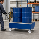Mobile Steel Spill Pallet for 2 x 205 Litre Drums, 235 Litre Containment, with Grid, 1716 x 815 x 995 mm, Ideal for Storing Hazardous Materials