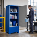 Steel Hazardous Material Depot with Doors, 2 Adjustable Shelves, and Integrated Spill Pallet, 240 L Containment Volume, for Safe Storage of Flammable Liquids