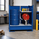 Steel Hazmat Station with Shelf for 1 x 205 Litre Drum, 240 Litre Containment, Stackable, Painted in Gentian Blue, for Safe Storage of Flammable Liquids