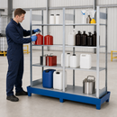Steel Hazmat Small Container Rack with 4 Adjustable Levels, 280 L Containment, Galvanised Frame, for Safe Storage of Flammable Liquids (Flat Pack)