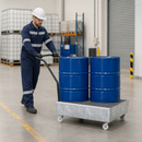 Galvanised Steel Mobile Spill Pallet for 2 x 60 L Drums, 80 L Containment, with Grid, for Safe Transport of Hazardous Materials