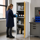Chemical Storage Cabinet with 4 Drip Trays, Powder Coated Sheet Steel, Grey Body & Yellow Hinged Door, 600 x 500 x 1950 mm, for Hazardous Liquids