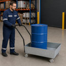 Galvanised Steel Mobile Spill Pallet for 1 x 60 L Drum, 80 L Containment, with Wheels, for Safe Transport of Hazardous Materials