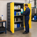 Polyethylene Environmental Cabinet for Corrosive Liquids, 4 Galvanised Grids, 75L Containment, Grey & Yellow, Ideal for Safe Storage