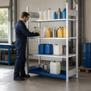 Steel Hazmat Small Container Rack with 3 Grids, Painted Spill Tray, 1360 x 637 x 2000 mm, for Storing Flammable Liquids