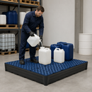 Polyethylene Spill Tray with Grid for Small Containers, 205 L Containment, 1170 x 1170 x 180 mm, 450 kg Load Capacity, for Chemical Storage