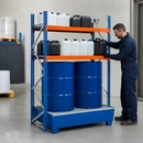 Steel Drum and Small Container Rack Extension Unit with Painted Spill Tray, 235 L Containment, Adjustable Shelving, for Safe Storage of Flammable Liquids