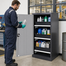 Half Height Chemical Storage Cabinet in Anthracite Steel with Silver Wing Doors, 3 Adjustable Pull-Out Shelves, for Safe Storage of Hazardous Liquids