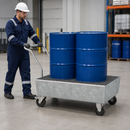 Galvanised Steel Mobile Spill Pallet for 2 x 205 L Drums, 235 L Containment, with Grid, for Safe Transport of Hazardous Materials