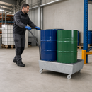 Galvanised Steel Mobile Spill Pallet for 2 x 60 L Drums, 80 L Containment, with Castors, for Safe Transport of Hazardous Materials