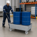 Galvanised Steel Mobile Spill Pallet for 2 x 205 L Drums, 235 L Containment, with Removable Grid, for Safe Transport of Hazardous Materials