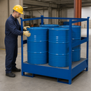 Steel Hazardous Material Station for 4 x 200 Litre Drums, 260 Litre Containment, Stackable, with Galvanised Grid, for Safe Storage of Flammable Liquids