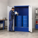 Sheet Steel Drum Cabinet with Spill Pallet for 2 x 205 Litre Drums, 200 Litre Containment, Wing Doors, for Hazardous Material Storage