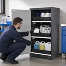 Half Height Chemical Storage Cabinet in Anthracite Steel with Silver Wing Doors, 3 Adjustable Pull-Out Shelves, for Safe Storage of Hazardous Liquids