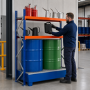 Steel Drum and Small Container Rack Extension Unit with Painted Spill Tray, 235 L Containment, Adjustable Shelving, for Safe Storage of Flammable Liquids