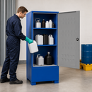 Steel Hazardous Material Depot with Doors, 2 Adjustable Shelves, and Integrated Spill Pallet, 240 L Containment Volume, for Safe Storage of Flammable Liquids